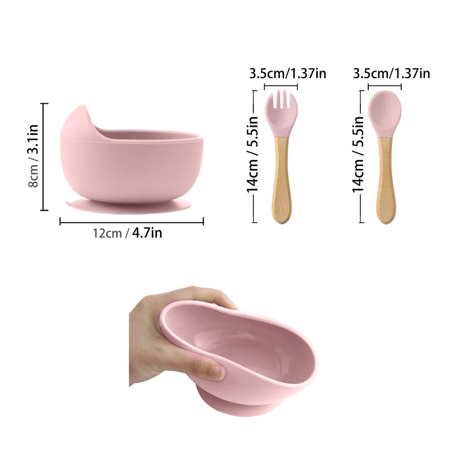 Bulubax Baby Meal Set – 3-Piece Silicone Feeding Set | Suction Bowl, Wooden Spoon & Fork | Perfect for Weaning & Self-Feeding